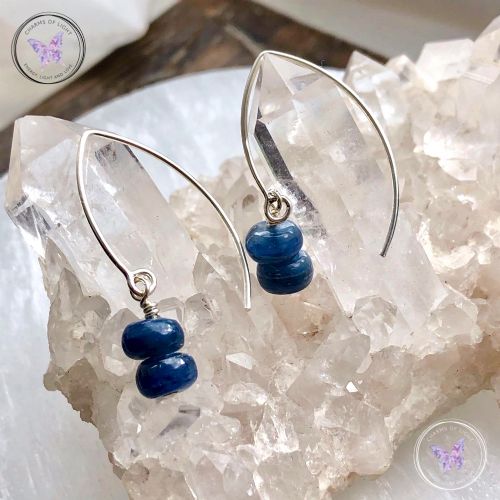 Blue Kyanite Rondelle Silver Angled Earrings